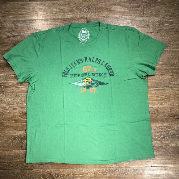 Polo Jeans Men XL Ralph Lauren 67th Surfing Contest Graphic T Shirt Green Cotton - Picture 1 of 5